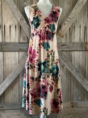 Floral Midi Dress Medium Sleeveless Empire Waist Tencel Watercolor Print Boho